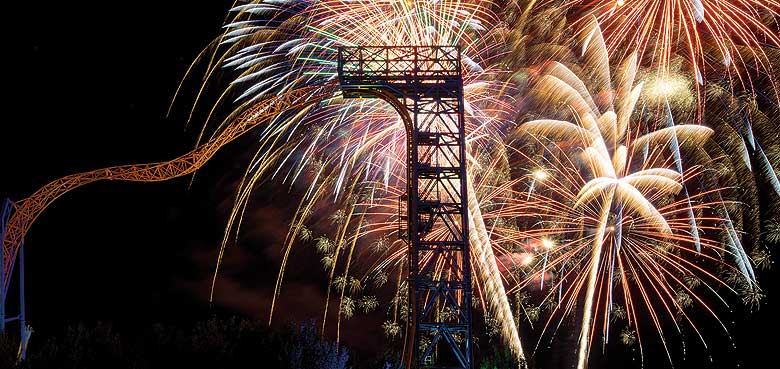 Ein Hochfeuerwerk um 23 Uhr Ein fulminantes Hochfeuerwerk um 23 Uhr im Allgäu Skyline Park .