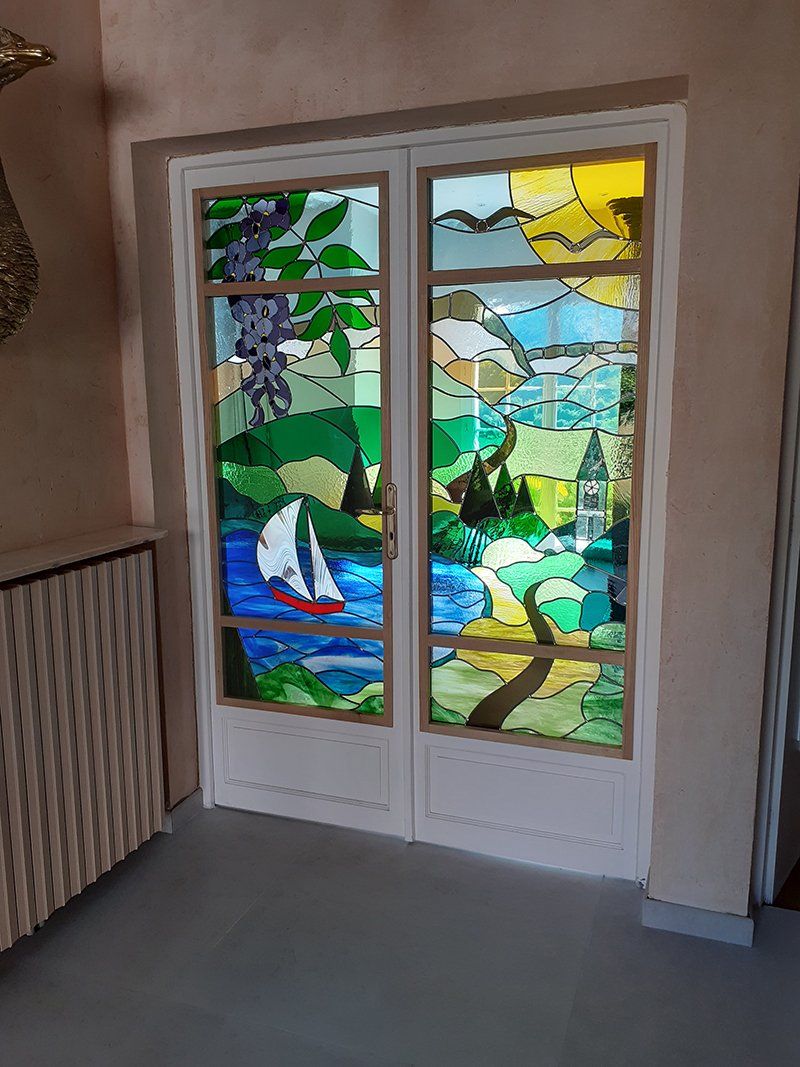 Art'lekin, vitraux sur-mesure, Lac bleu, traditionnel, Tiffany Art'lekin, vitraux sur-mesure, Lac bleu, traditionnel, Tiffany, après pose