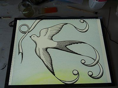 Art'lekin-Vitrail-Oiseaux imaginaires-émaux dégradé bleu et jaune