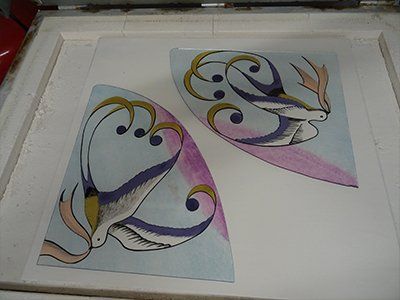 Art'lekin-Vitrail-Oiseaux imaginaires-émaux dégradé bleu et rose