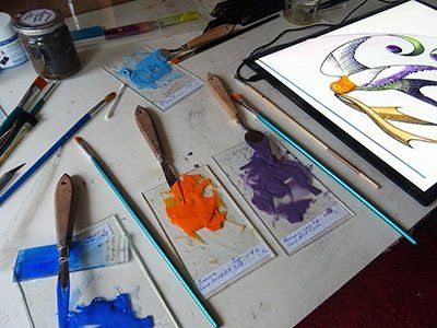 Art'lekin-Vitrail-Oiseaux imaginaires-émaux préparation