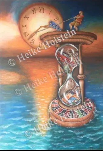 Darstellung der Prioritaeten in unterschiedlichen Lebensphasen Ein Mann auf einer Sanduhr versucht die Uhr anzuhalten. Ein Kind versucht sie zu beschleunigen. Durch das Glas rieseln die Lebensphasen.