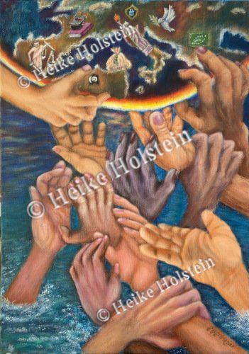 Demokratie Das Bild zeigt im oberen Teil Europa, Afrika, Osteuropa und einen Teil von Asien. Die Kontinente sind als Ausschnitt einer Weltkugel, eingefaßt in Regenbogenfarben, dargestellt. In den einzelnen Ländern sind die Werte der Demokratie symbolisiert. Aus dem darunter liegenden Meer ist ein Gewusel von Händen zu sehen, die nach der Welt bzw. Demokratie greifen.