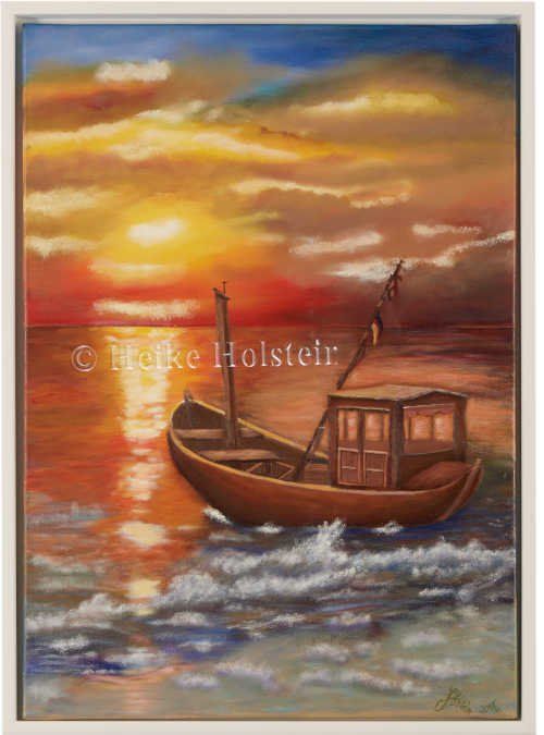 Boot im romantischen Sonnenuntergang - Boot im Sonnenuntergang romantisch www.Heike-Holstein-Bilder.de - Das Bild zeigt einen romantischen Sonnenuntergang am Meer. Im Vordergrund liegt ein vertäuter maroder Fisch-Kutter-Schiff am Strand.