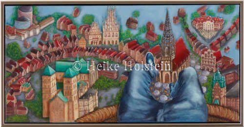 Muenster von Oben St. Paulus Dom Lamberti Kirche Erbdrostenhof www.Heike-Holstein-Bilder.de - Aus der Perspektive eines Ballonfahrers blickt man von oben auf die Innenstadt von Münster. Der Stadtplan mit dem Verlauf des Prinzipalmarktes ist deutlich zu erkennen. Hervorgehoben sind die Sehenswürdigkeiten von Muenster: der St. Paulus Dom, die Lamberti Kirche, das Stadt Theater und der Erbdrostenhof