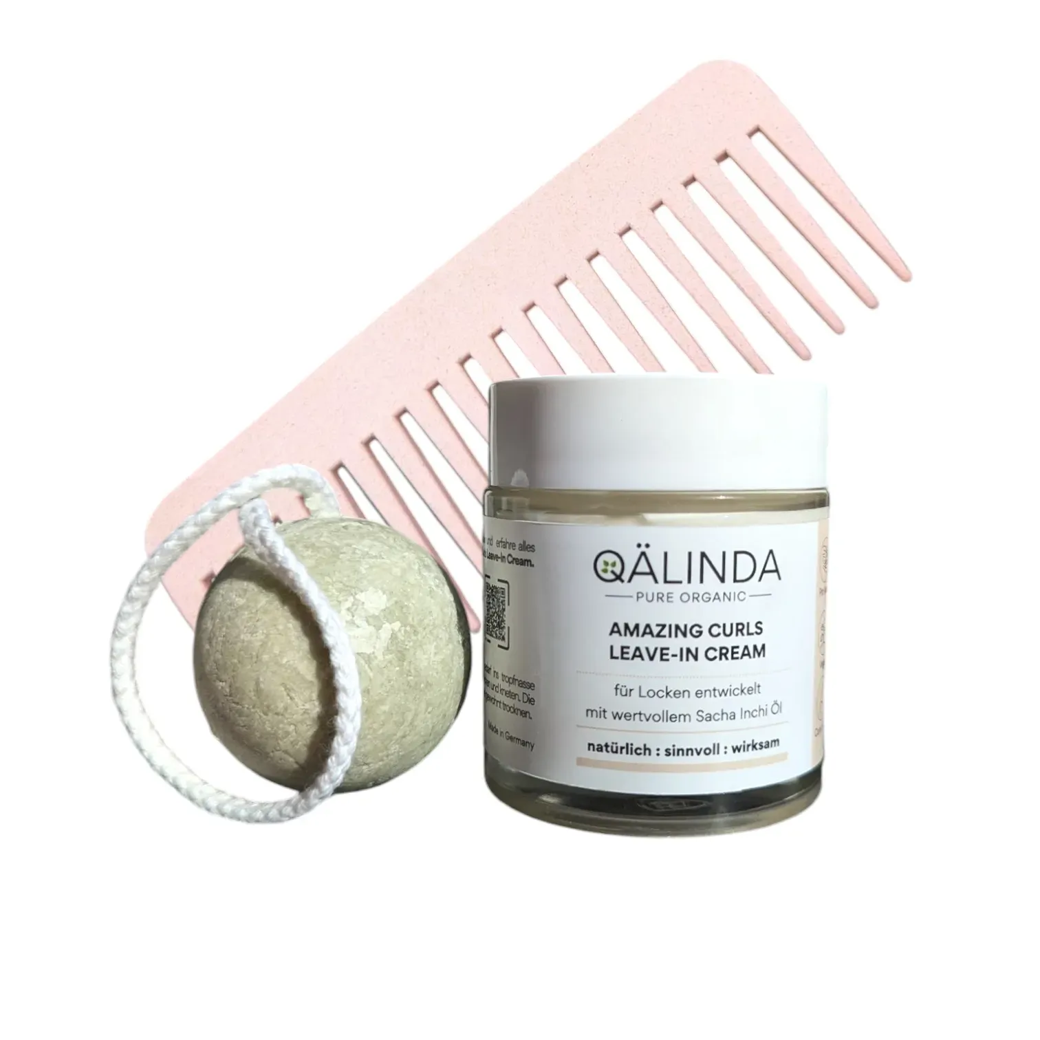 Die Amazing Curls Leave-In Cream Lockenpflege mit dem festen Shampoo Minze und dem rosa Lockenkamm Set zum Angebotspreis