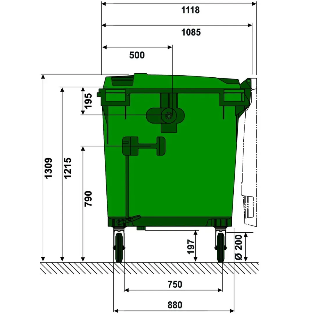 1100 litre wheelie bin dimensions side