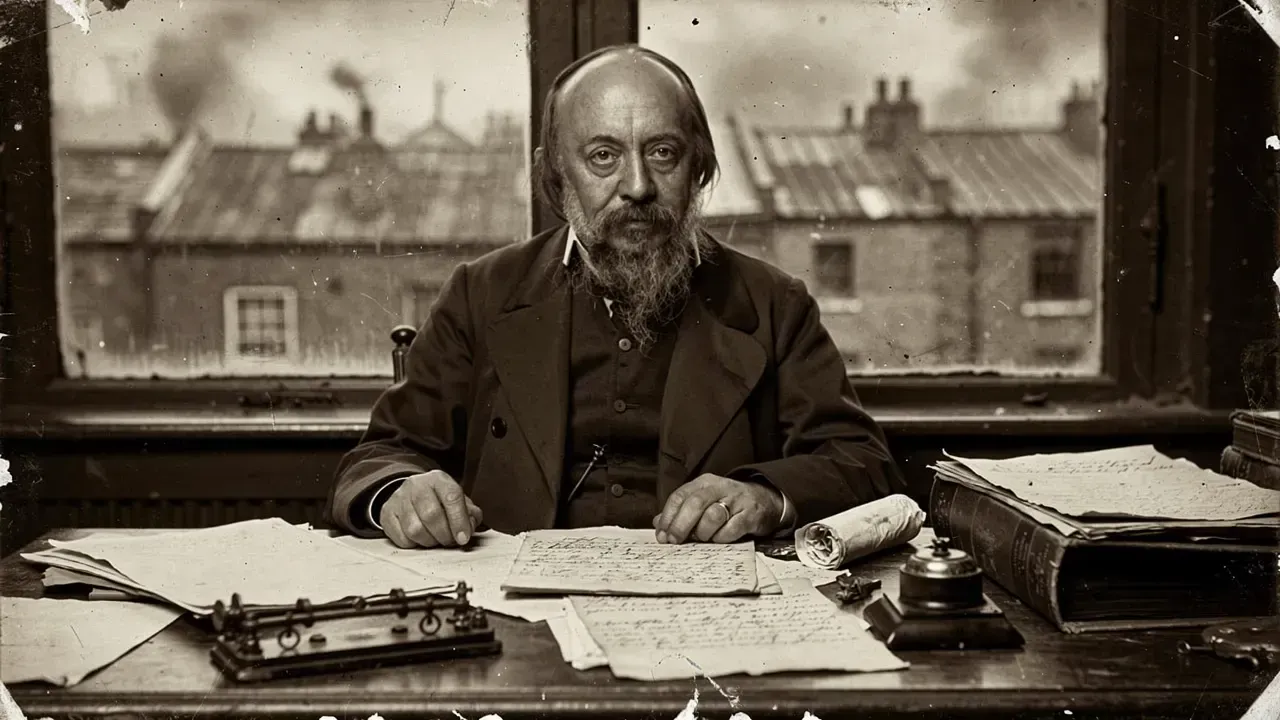 Edwin Chadwick Victorian reformer at desk with Sanitary Report documents, London slum visible from window