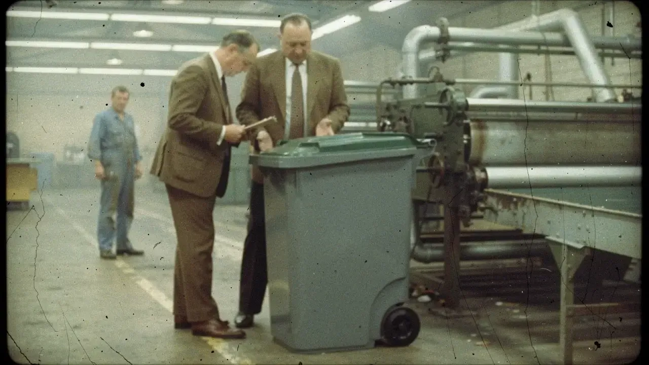 Health inspector discovering prototype wheelie bin at Frank Rotherham Mouldings factory, Slough 1968