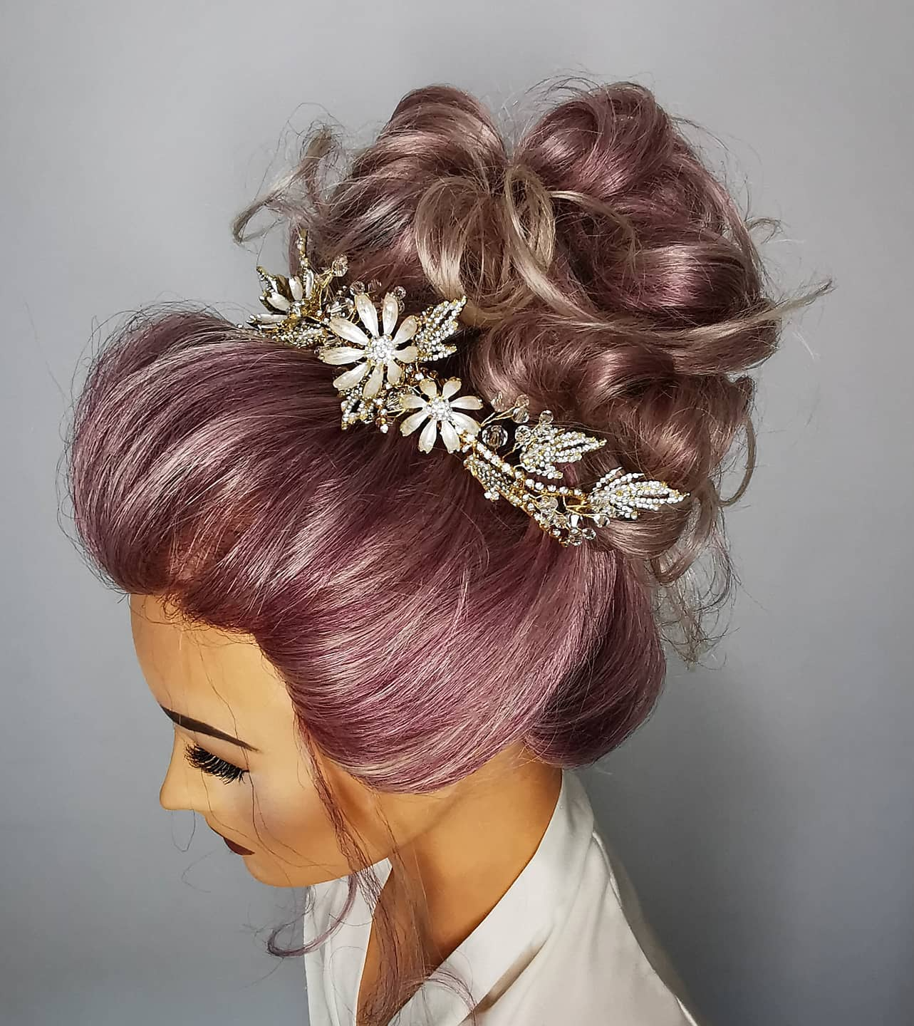 lilac hair messy updo. beautiful soft updo with hair coach Harry Jon hair & makeup academy