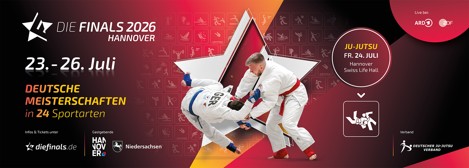 Zur offiziellen Webseite der Finals Die Finals 2026 in Hannover vom 23.-26. Juli 2026. Ju-Jutsu am 24. Juli 2026 live bei ARD und ZDF.