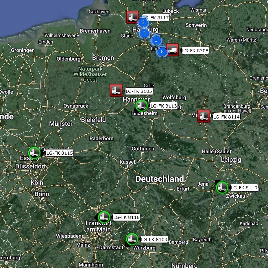Ausschnitt einer digitalen Landkarte mit LKW-Symbolen