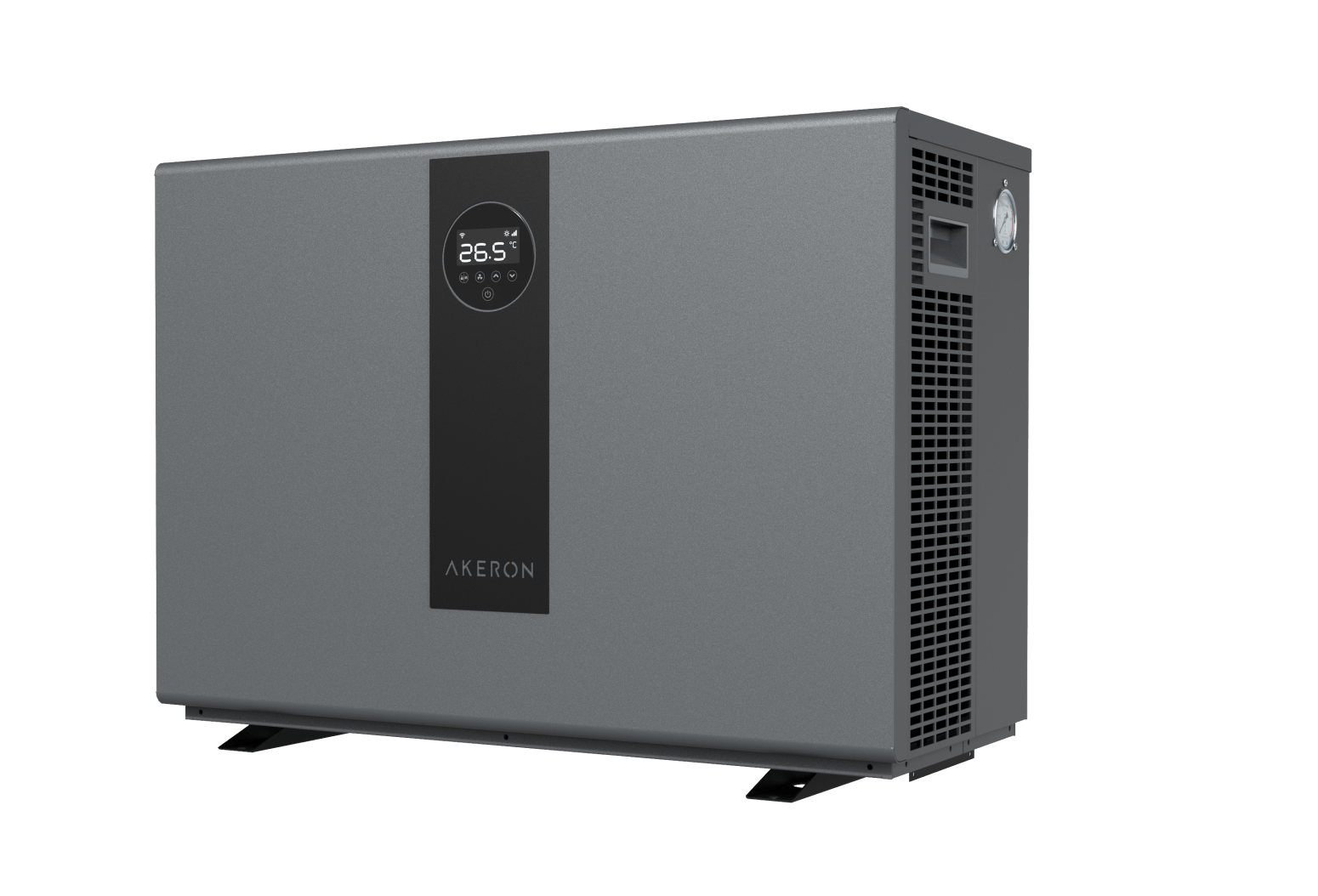 pompe à chaleur Akeron de biais avec son écran montrant les réglages de l'appareil