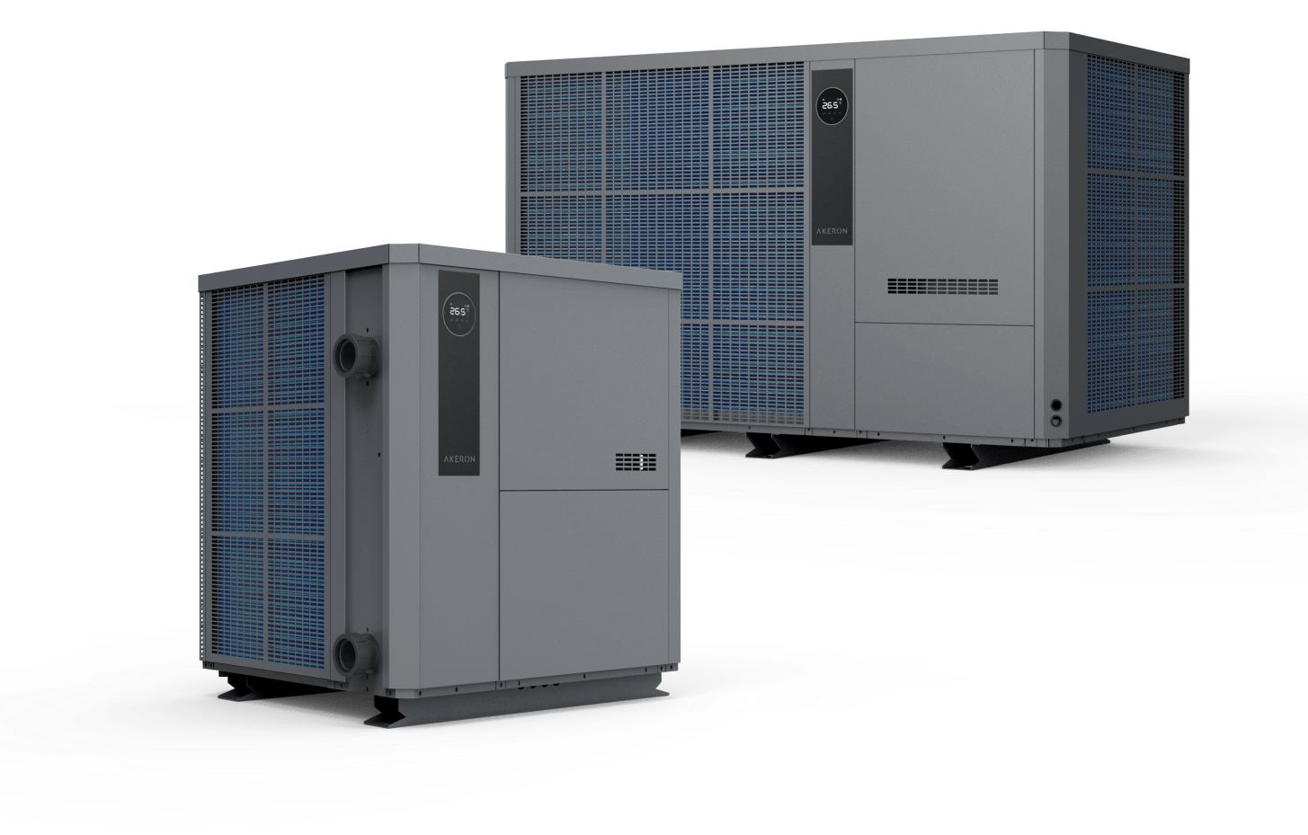 pompe à chaleur Akeron de biais avec son écran montrant les réglages de l'appareil