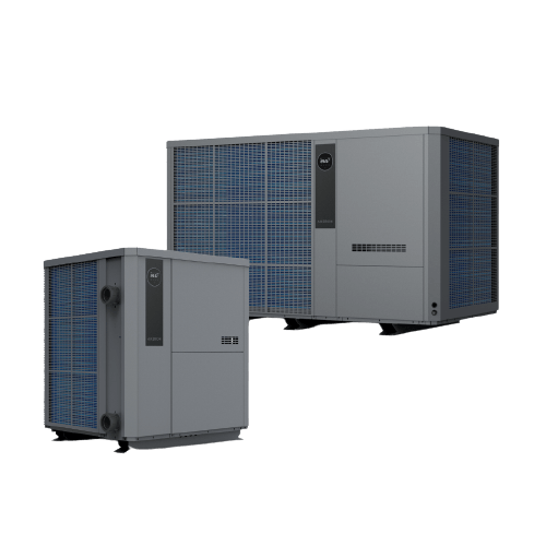 pompe à chaleur Akeron de biais avec son écran montrant les réglages de l'appareil