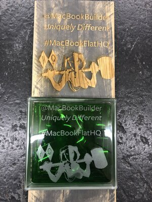 Macbookbuilder custom engraved glass block and scaffold board