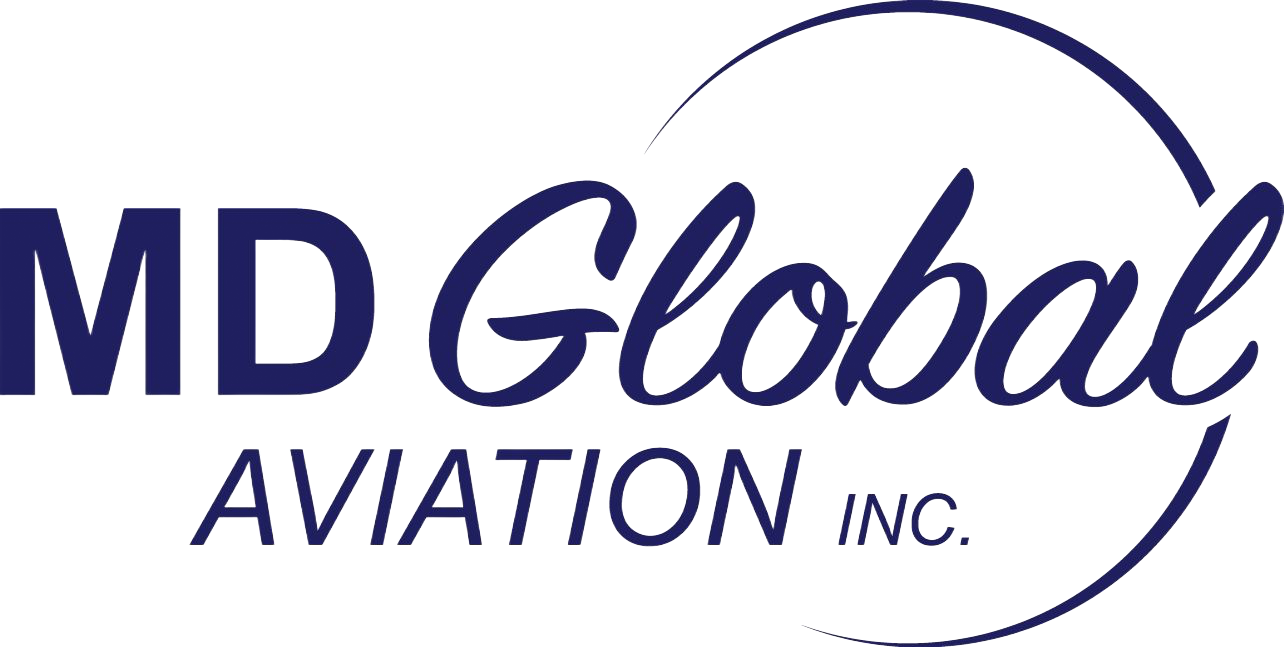 MD Global Aviation Inc. logo with stylized lettering and a curved globe arc
