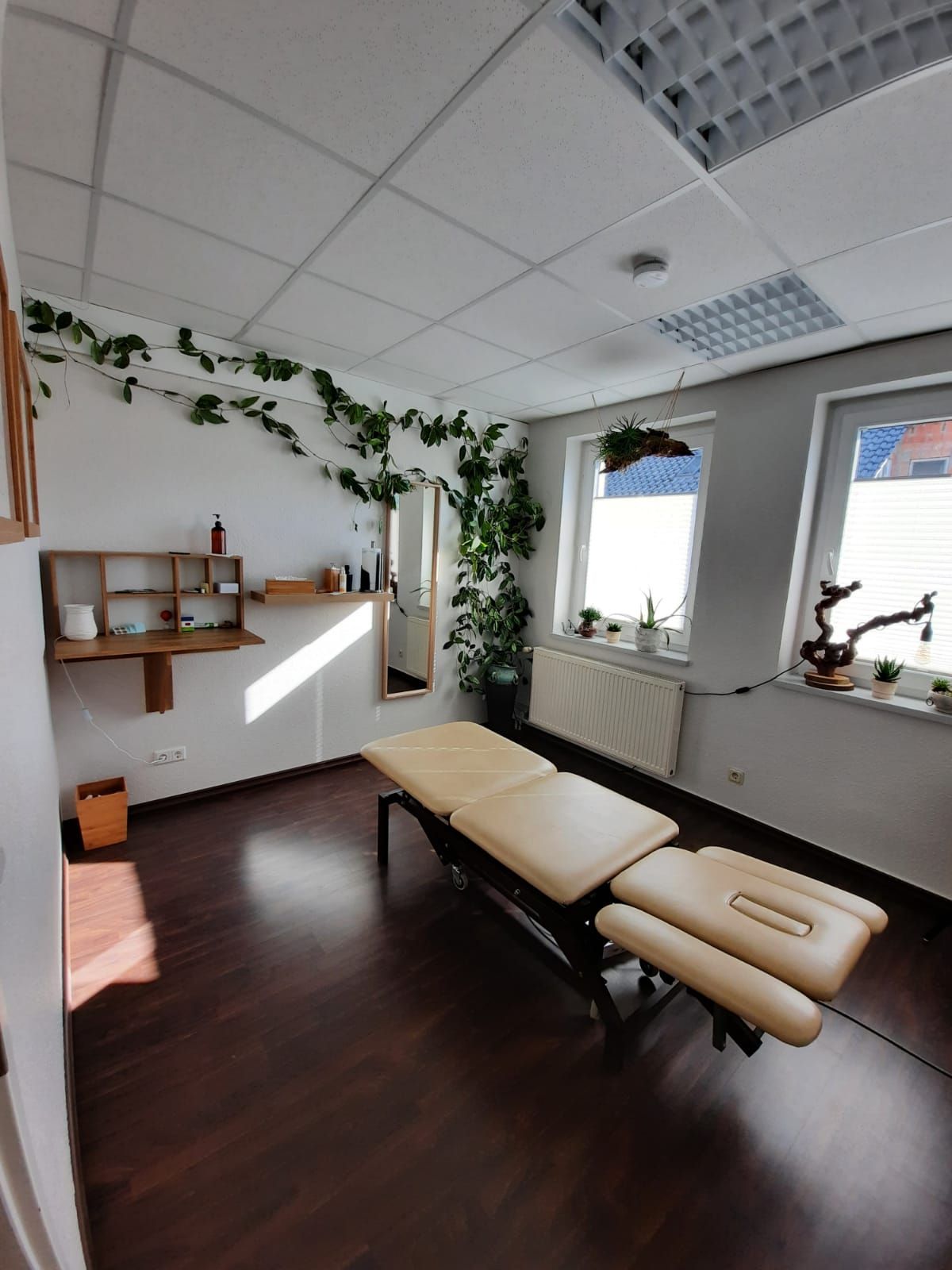 In einem Behandlungsraum der Akupunktmassage nach Penzel – mit Liege, Pflanzen und Stuhl für eine entspannte Atmosphäre.