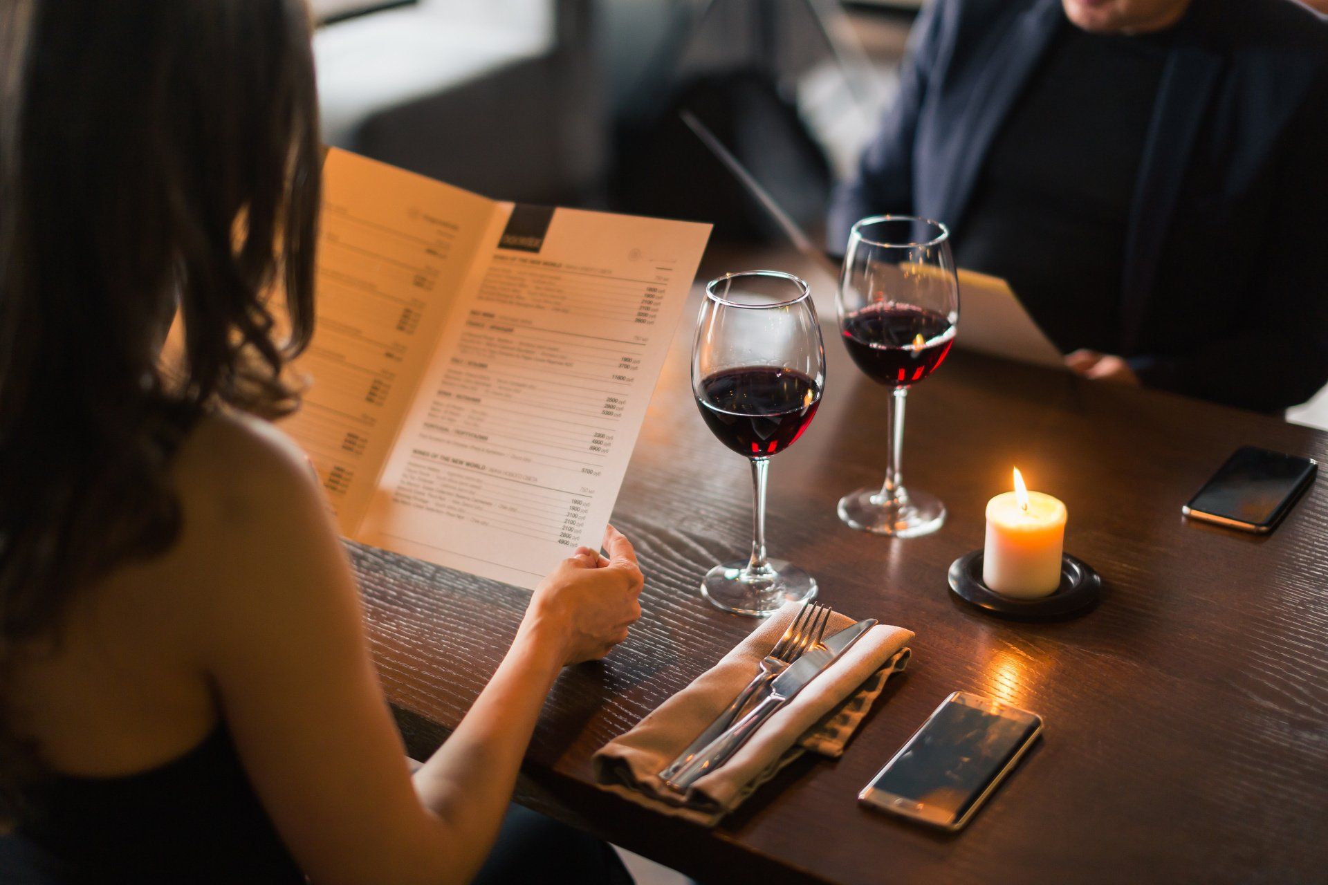 restaurant menu, red wine, dinner for two
