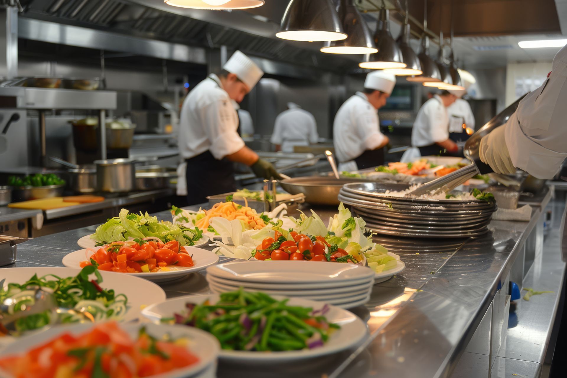 chefs in kitchen preparing menu items