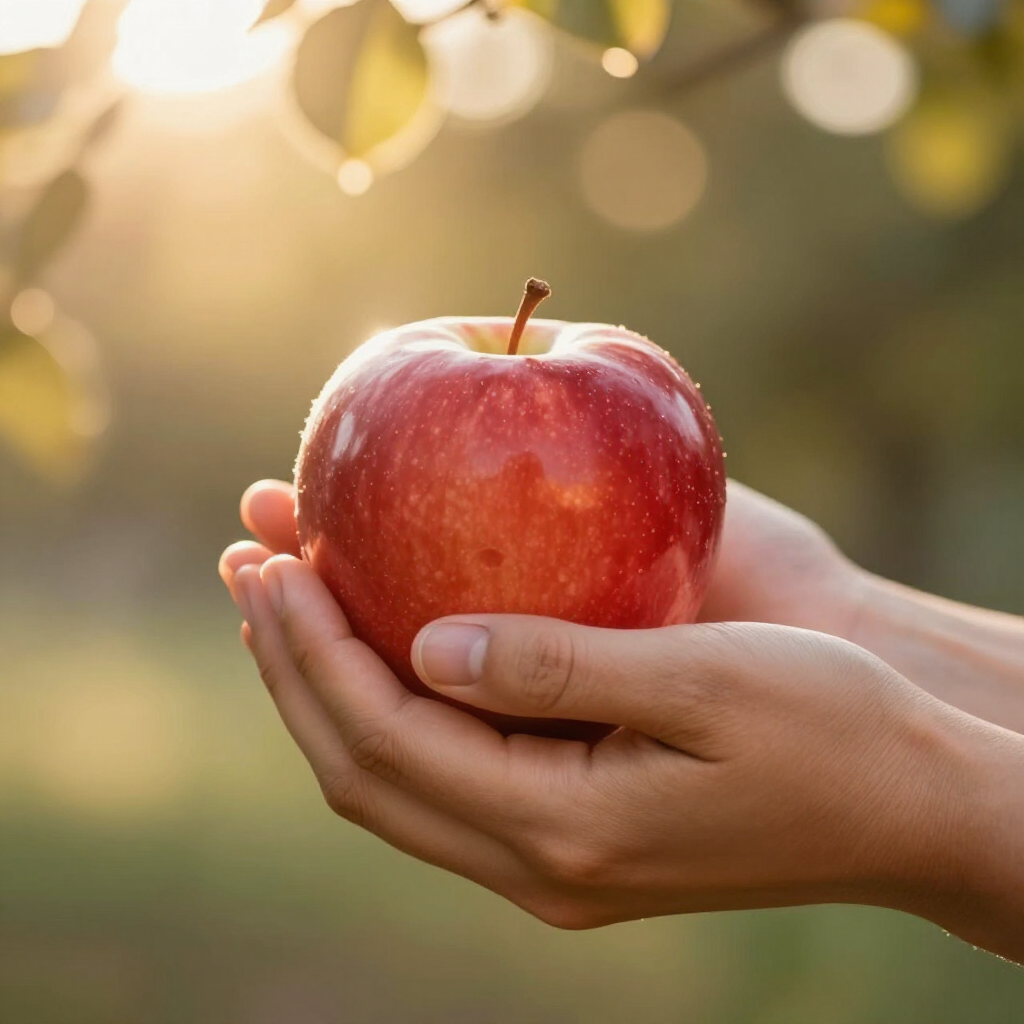 Ein roter, frischer Apfel liegt in zwei Händen. Der Hintergrund ist unscharf.
