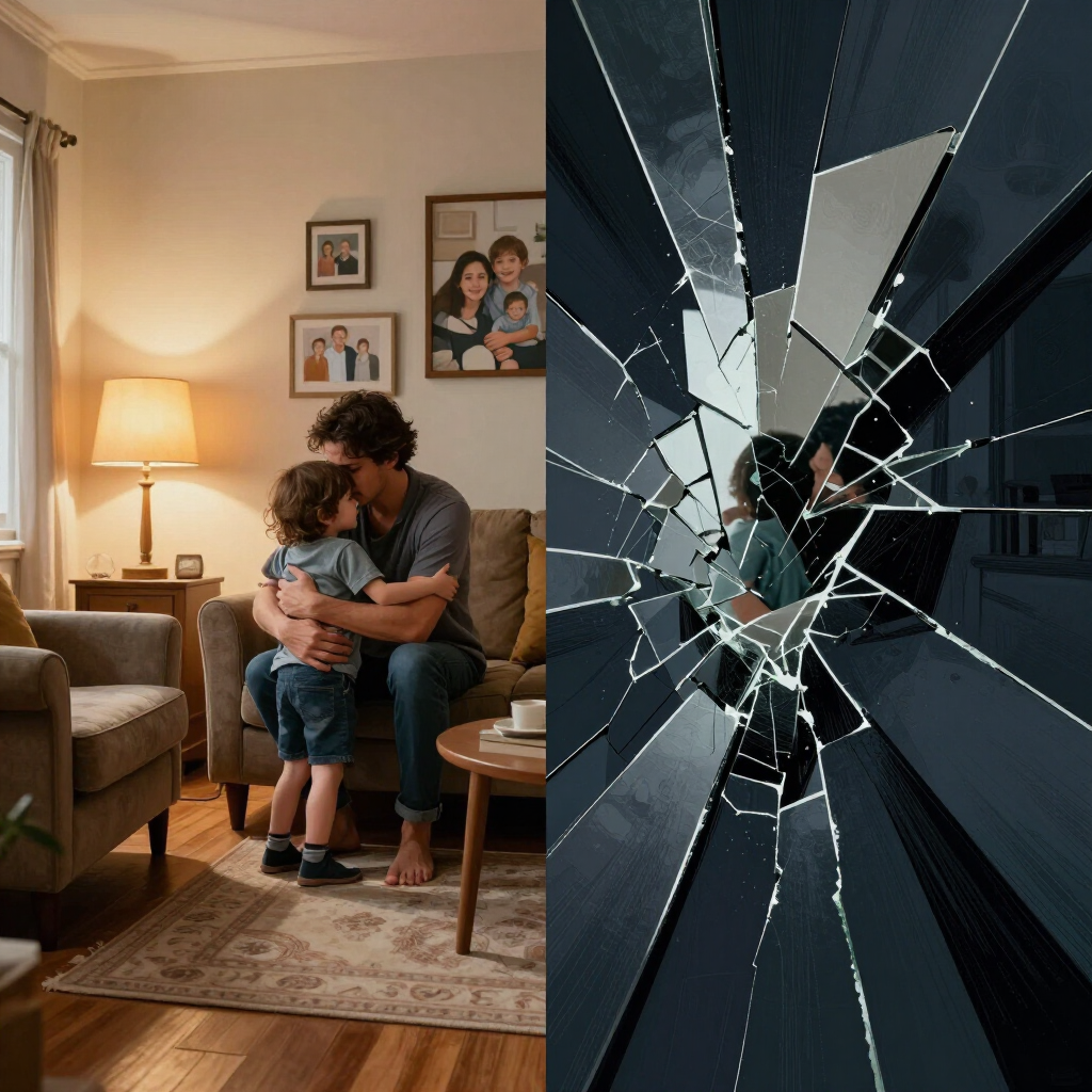 A split-screen concept photography. On the left side, a warm, brightly lit cozy living room where a mother/father gently hugs a child, creating a safe haven. On the right side, a cold, dark, abstract environment with a large fragmented mirror, symbolizing a narcissistic personality. High contrast, emotional depth, photorealistic, 4k, cinematic lighting.