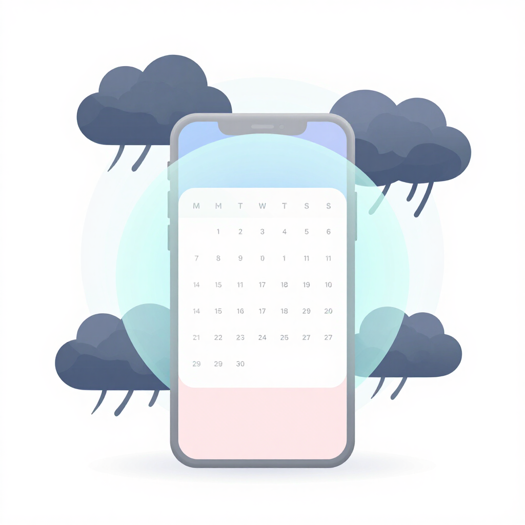 An infographic style vector illustration. A smartphone screen displaying a clean, calm, text-based calendar app with clear boundaries. Outside the phone, chaotic stormy clouds try to approach but are blocked by a translucent glowing shield. Clean design, pastel colors, minimalist corporate tech style, conceptual art.
