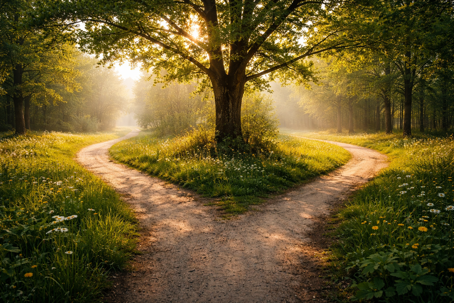 Ein sonnendurchfluteter Waldweg teilt sich an einer Gabelung in zwei Richtungen, umgeben von grünen