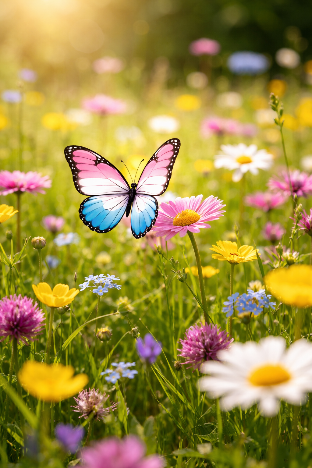 Ein Bild eines Schmetterlings mit den Farben der trans*Identität auf einer bunten Blumenwiese.