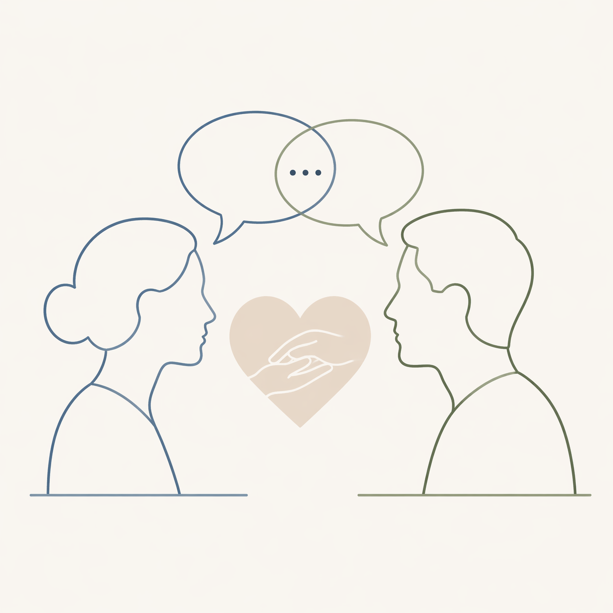 Minimalistische Illustrationen, die zwei Profile oder Personen im Gespräch zeigen, unterstreichen den psychologischen Charakter des Gutachtenprozesses.