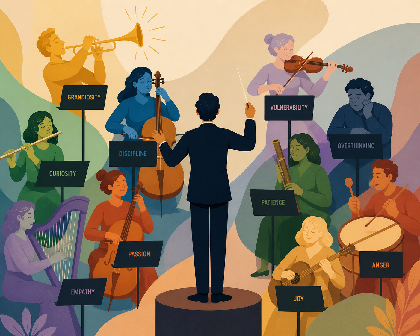 Eine abstrakte Illustration einer Person als Dirigent eines Orchesters, bei dem jeder Musiker eine andere Emotion oder Persönlichkeitseigenschaft darstellt.