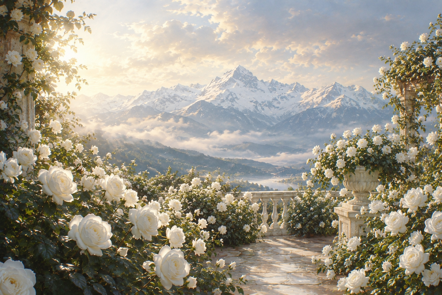Weiße Rosen in einem Rosengarten vor schneebedeckten Bergen – poetisches Bild für Selbstreflexion