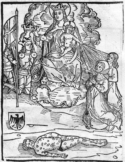 Joseph Grünpeck: Das Christuskind straft die Menschheit mit Syphilis (Holzschnitt 1496) Joseph Grünpeck: Das Christuskind straft die Menschheit mit Syphilis (Holzschnitt 1496)