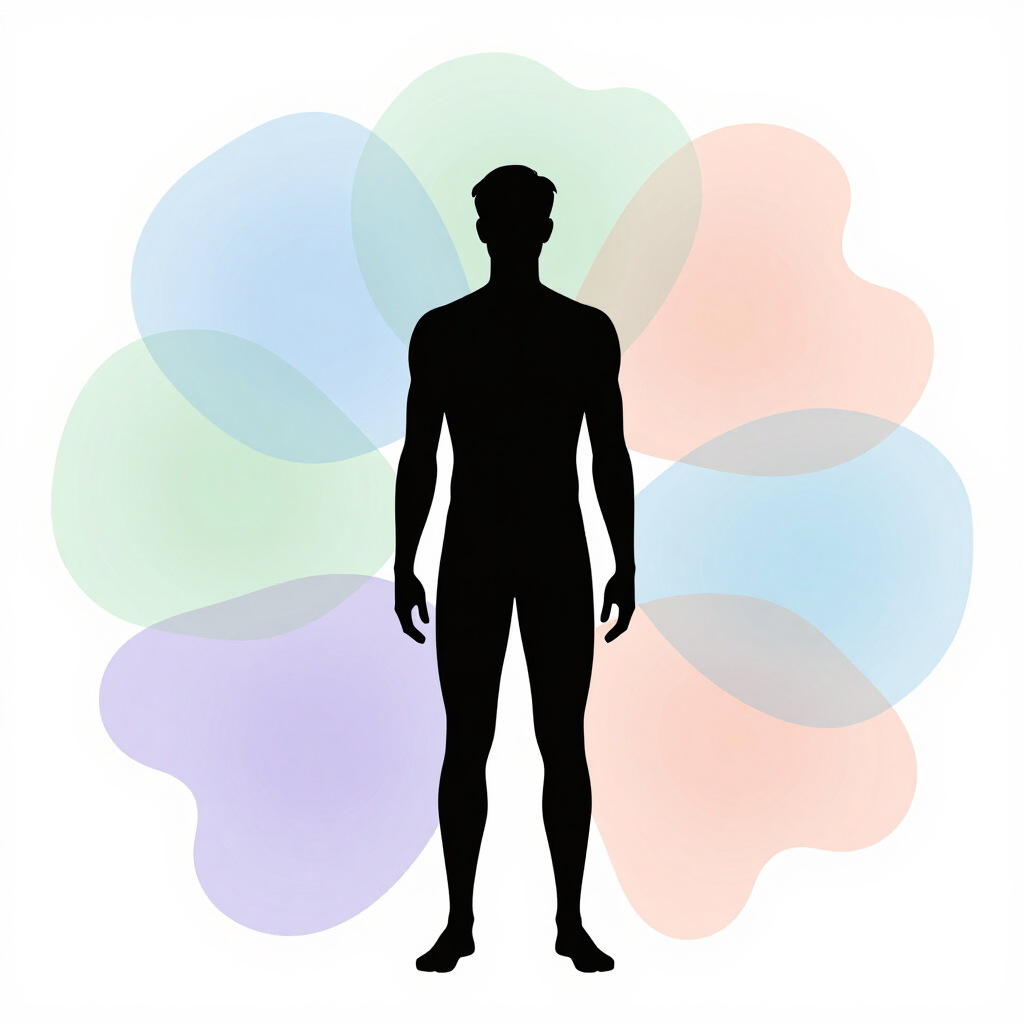 Sophisticated conceptual illustration of the human mind, one central human silhouette surrounded by several translucent abstract shapes representing different needs, emotions and perspectives, the shapes communicating and overlapping harmoniously, metaphor for inner parts and internal cooperation, modern psychological editorial illustration, elegant, minimalistic, calm, no text, horizontal 16:9