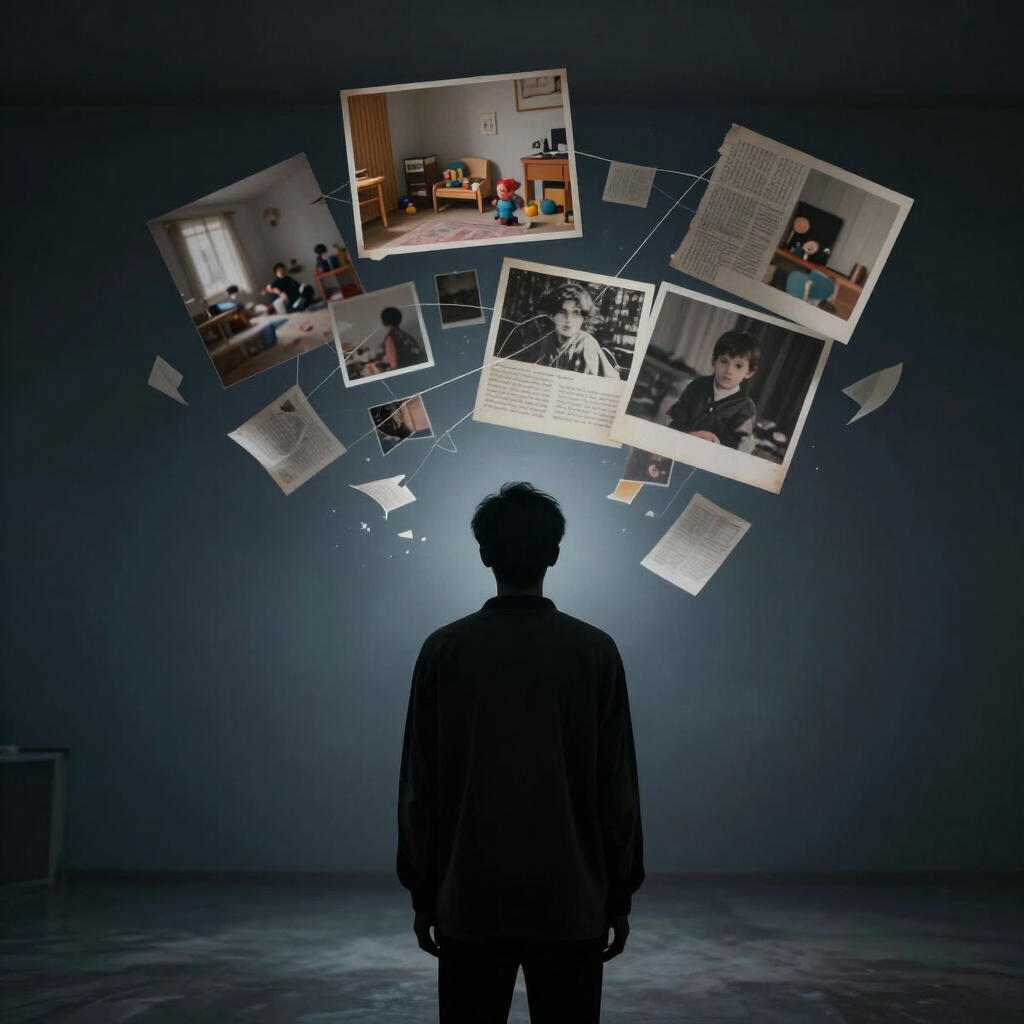 Cinematic conceptual illustration of a human silhouette standing in a dark, atmospheric room