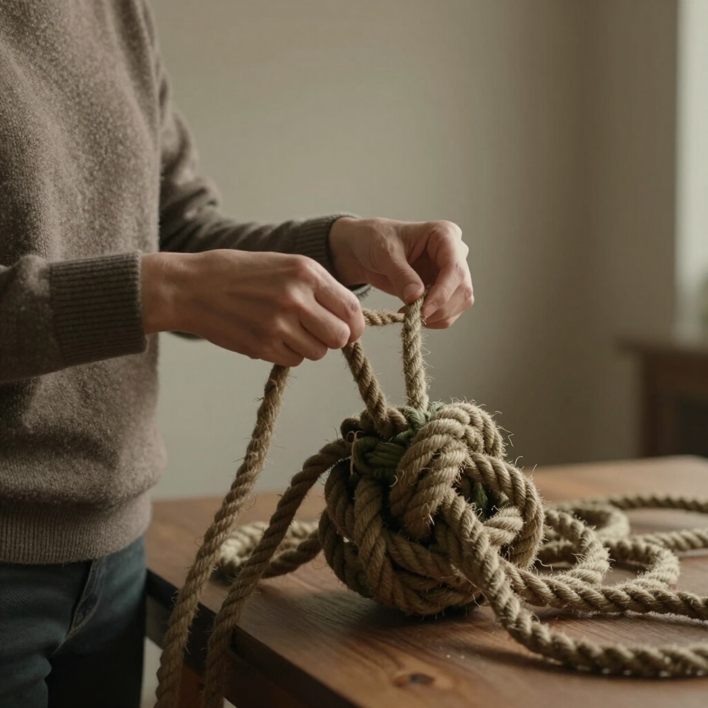 Conceptual psychological illustration of a person gently untangling a complex knot rather than cutting it, metaphor for understanding and transforming self-sabotaging behavior, compassion and curiosity instead of fighting oneself, sophisticated psychotherapy editorial style, natural colors, cinematic soft light, realistic artistic photography, no text, horizontal 16:9