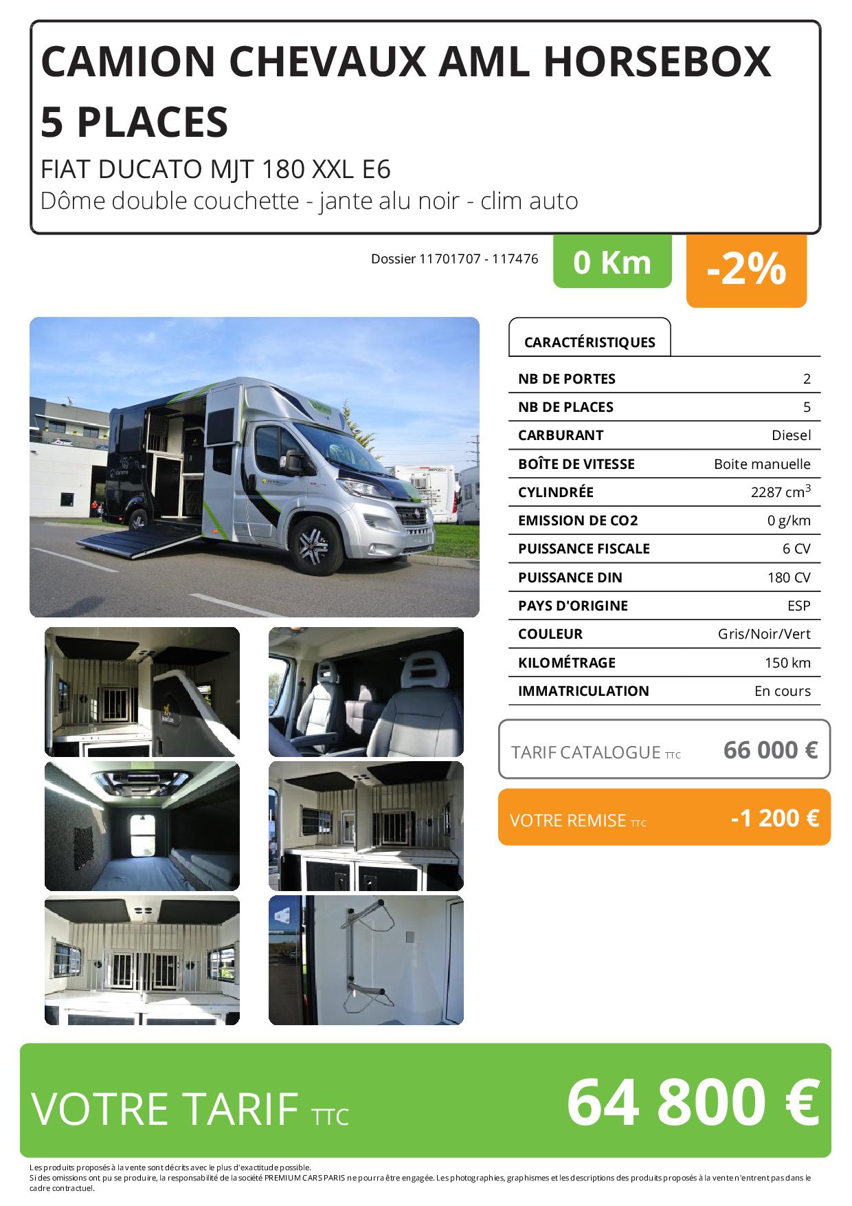 Camion chevaux - AML HORSEBOX 5 PLACES FIAT DUCATO MJT 180 XXL E6