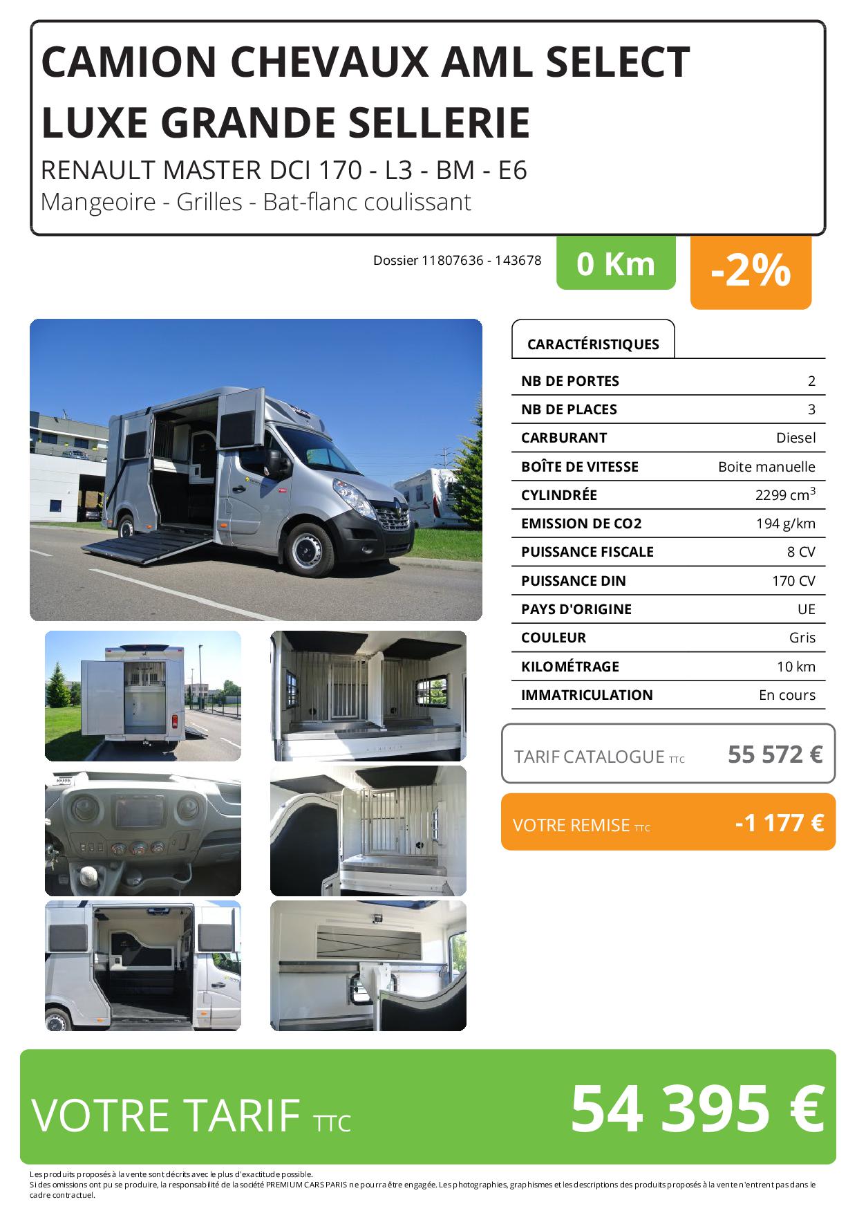 Camion chevaux - AML SELECT LUXE GRANDE SELLERIE RENAULT MASTER DCI 170 - L3 - BM - E6