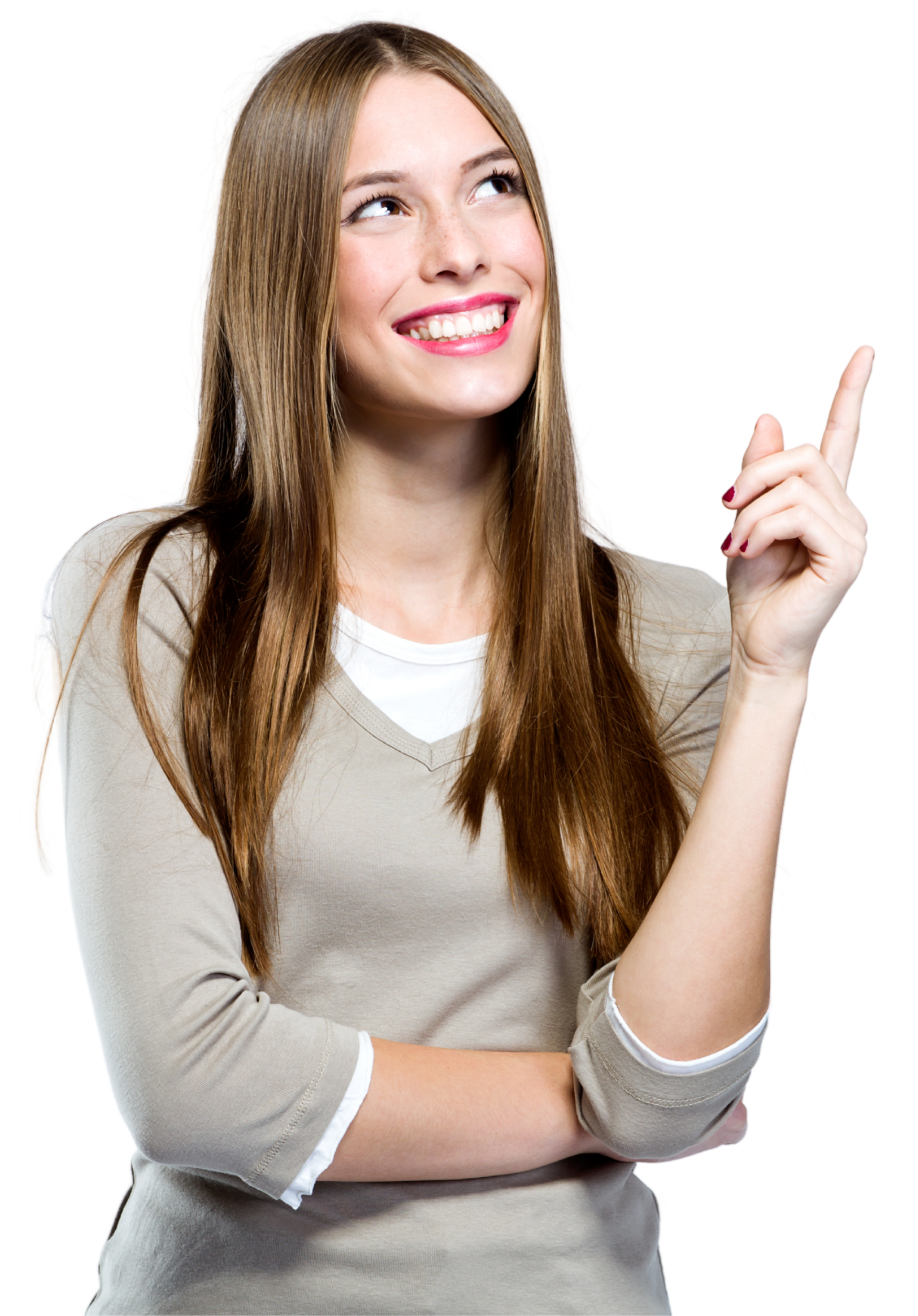 Frau zeigt auf etwas Rechts von Ihr