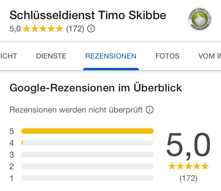 Google Bewertungen von Schlüsseldienst Timo Skibbe