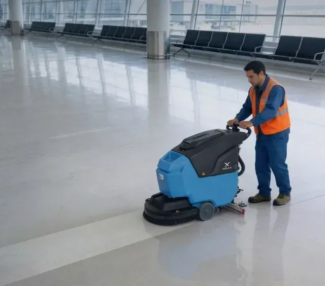 Fregadora profesional Hombre manejando una fregadora automática profesional en un suelo industrial limpio - Pulidoras March.