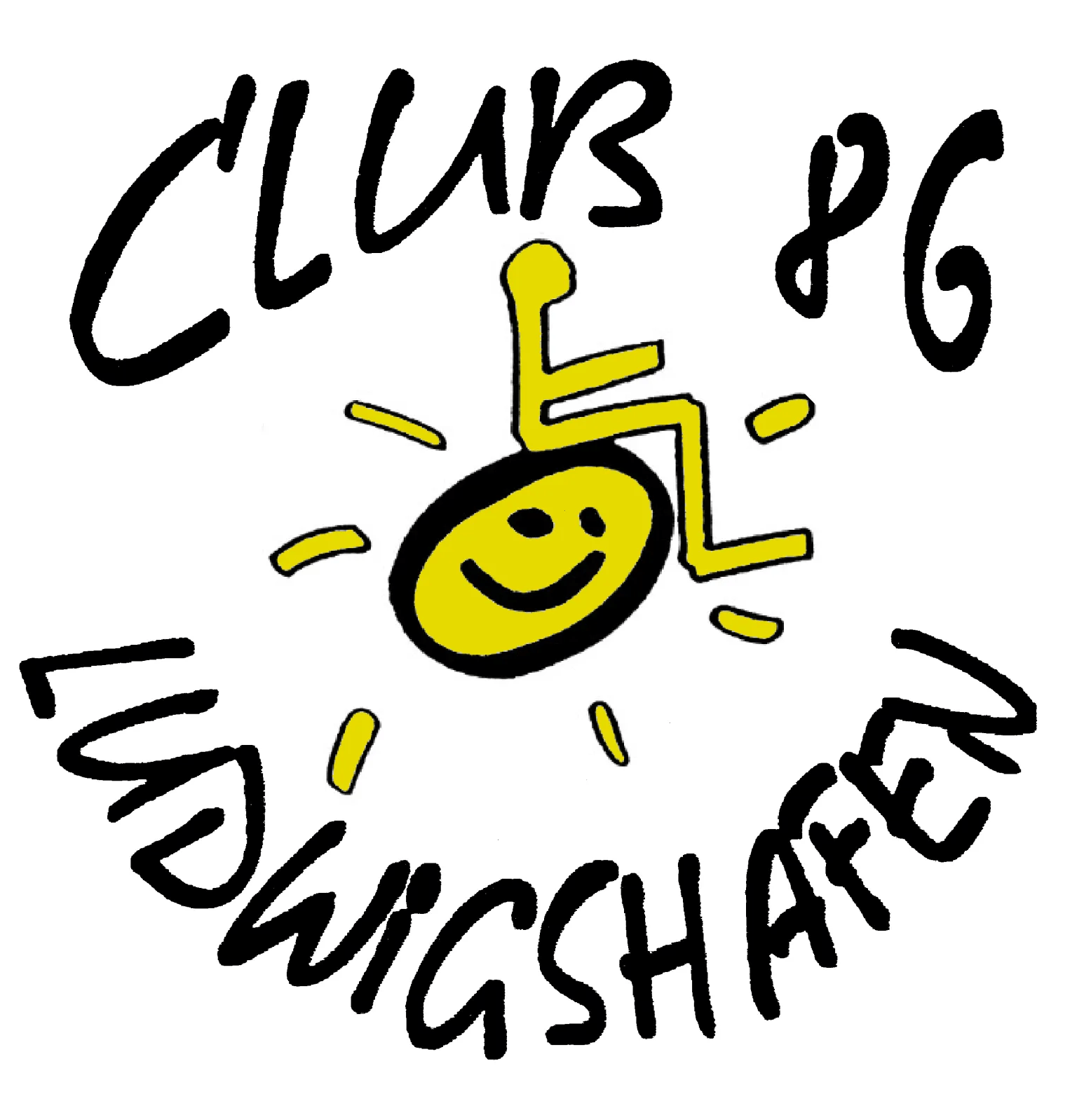 Logo: Stilisiert ein Mensch im Rollstuhl, um ihn herum Sonnenstrahlen und kreisförmig der Schriftzug Club 86 Ludwigshafen