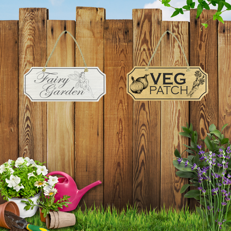 WOODEN GARDEN SIGNS HANGING ON FENCE SAYING FAIRY GARDEN AND VEG PATCH PAINTED GIFT HANGING OUTDOOR