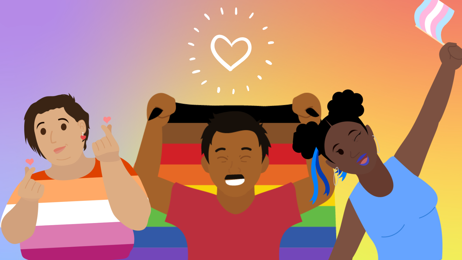 Gradient colourful background with a sketchy heart with lines around it. Illustrations of three LGBTQ+ BPoC people are below smiling and wearing different flag colours.