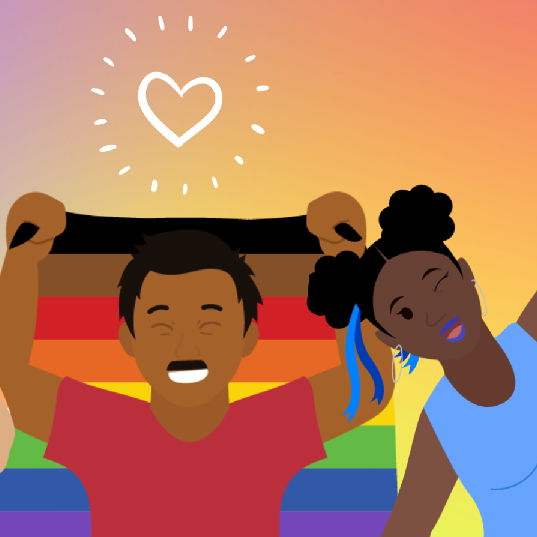 Colourful gradient background with illustrations of three LGBTQ+ BPoC celebrating Pride.