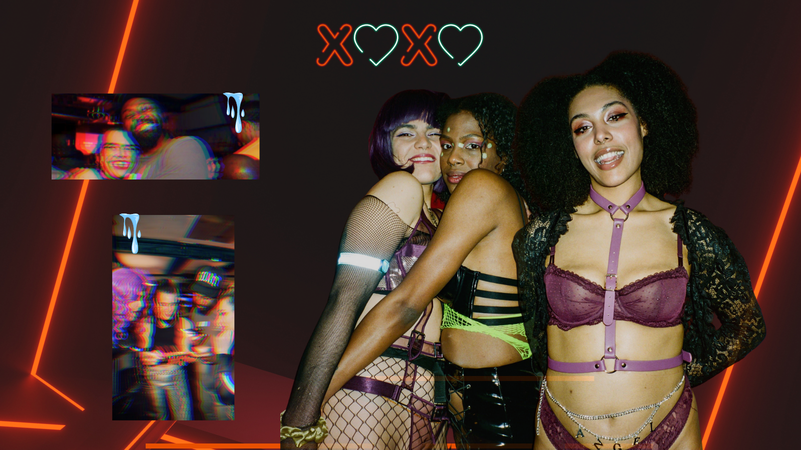 A  background with red strobe lights and cut out images of kinksters at a play party. Two images are in boxes which are blurred and have water dripping from the edge. The other two photos are large cut-outs of femme kinksters. Two are hugging and the other person has their hands behind their back.