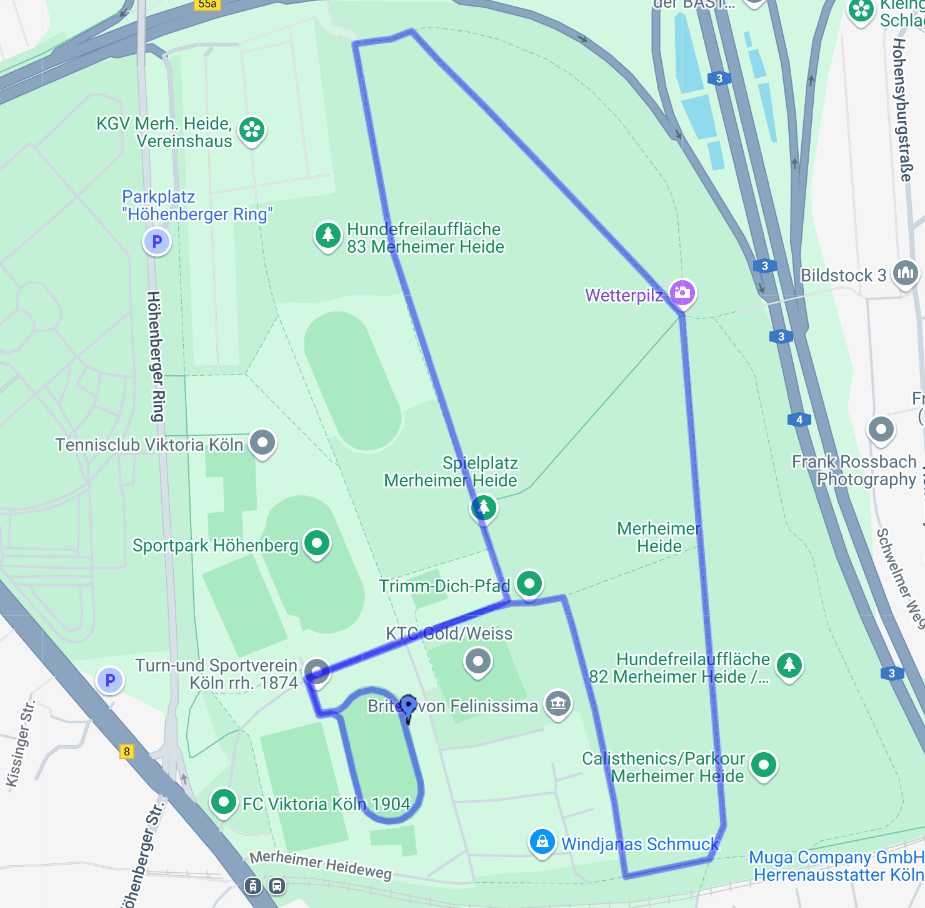 Kartenabbildung der 10km Strecke auf der Merheimer Heide