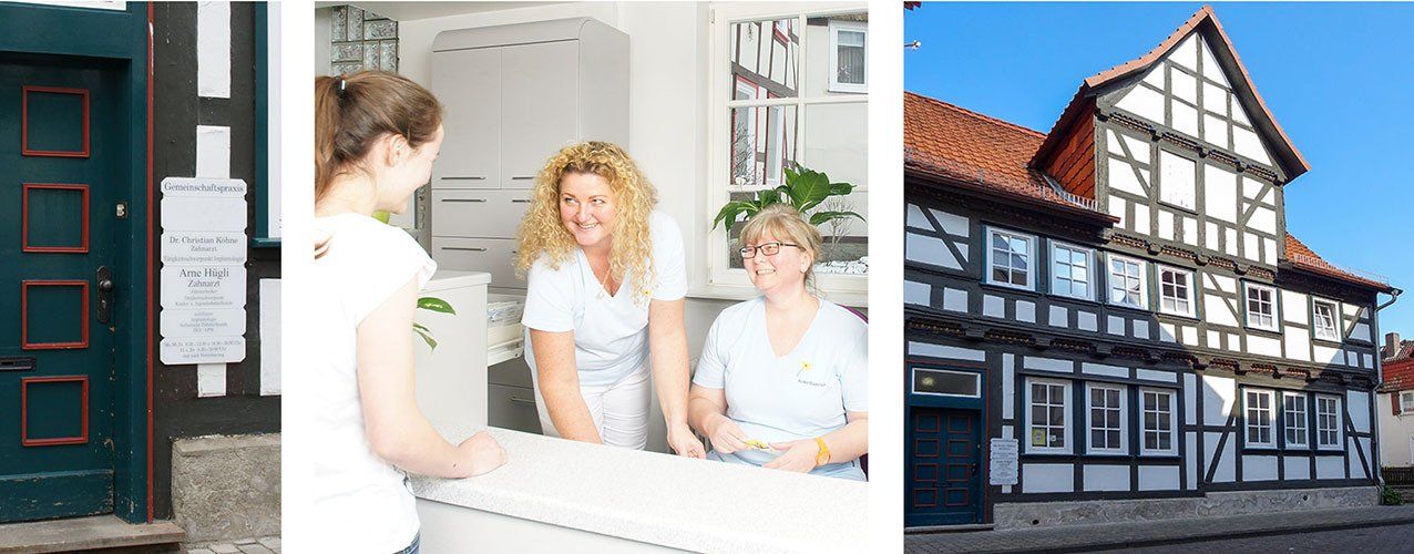 Eingangdsschild, Hausaußenansicht und Empfangssituation mit Patientin in der Zahnarzpraxis Köhne & Hügli in Bad Sooden-Allendorf
