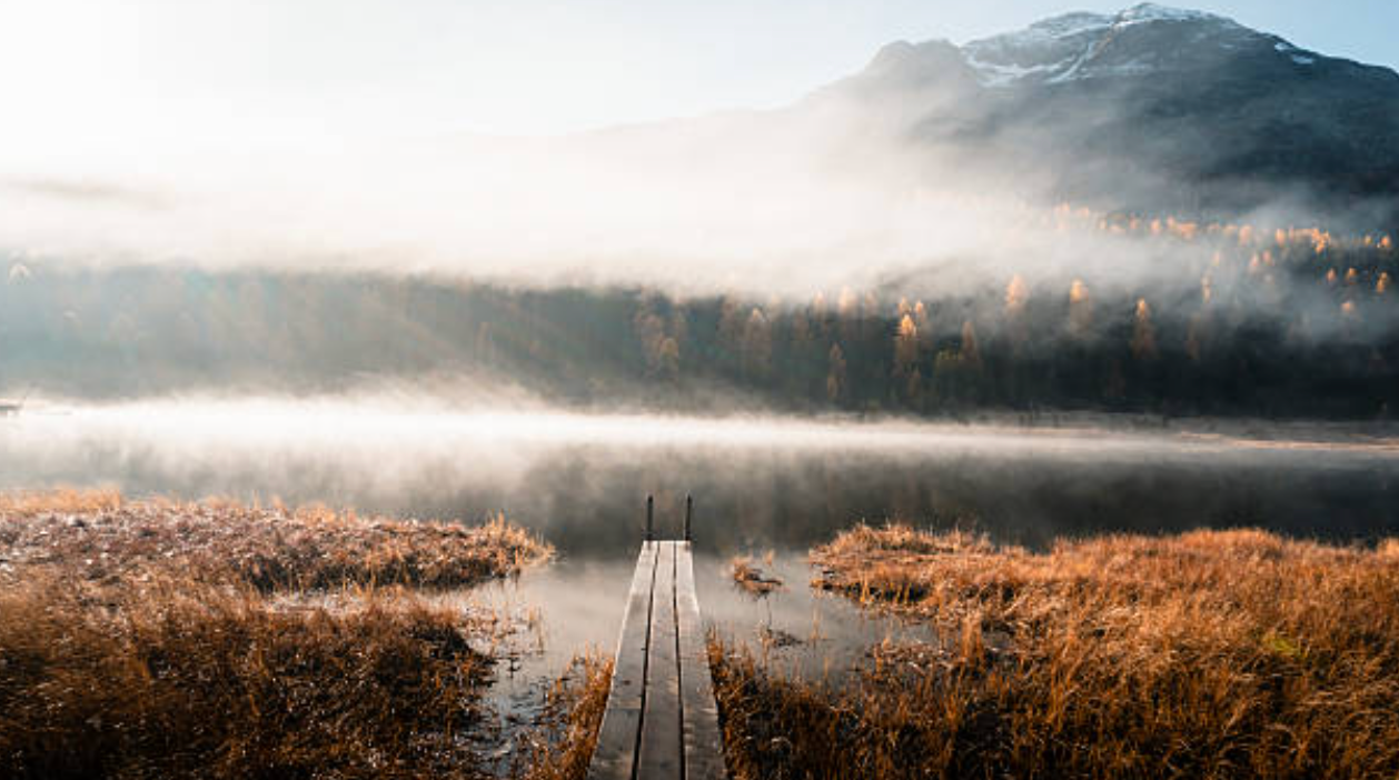 Steg in nebliger Seenlandschaft – ein Bild für Übergang und die Suche nach neuer Orientierung