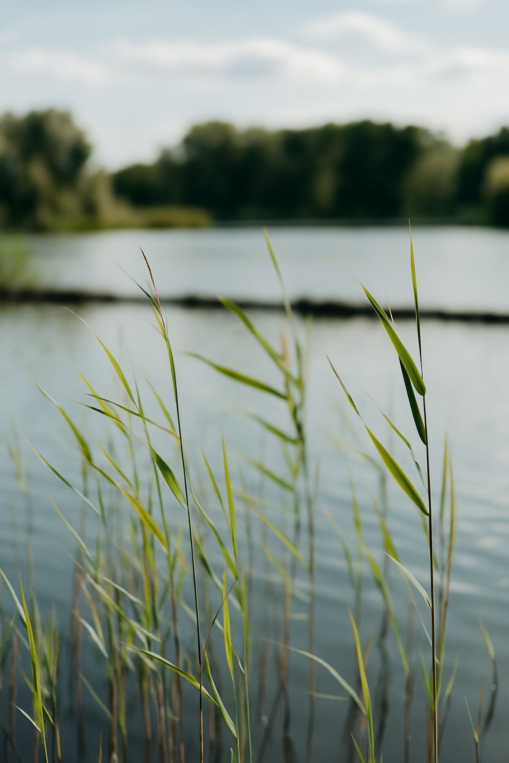 Grüne Grashalme am Ufer – sanft bewegt vom Wind, wie Beziehungen in Bewegung.